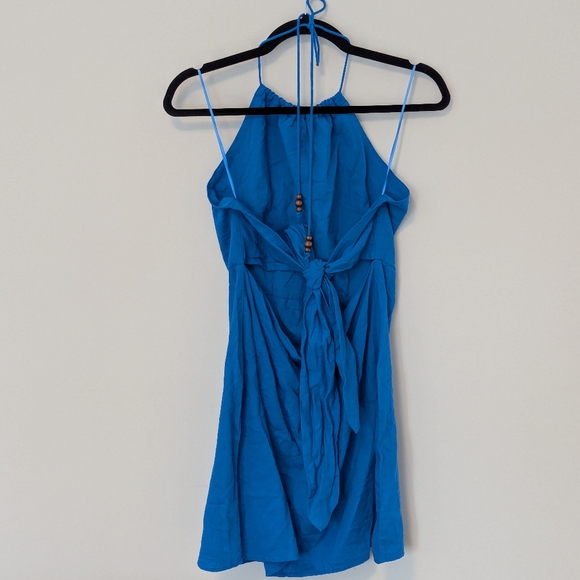 NWT Mango Blue Linen Boho Halter Dress With Open Back Beads, Sz L - Picture 4 of 8